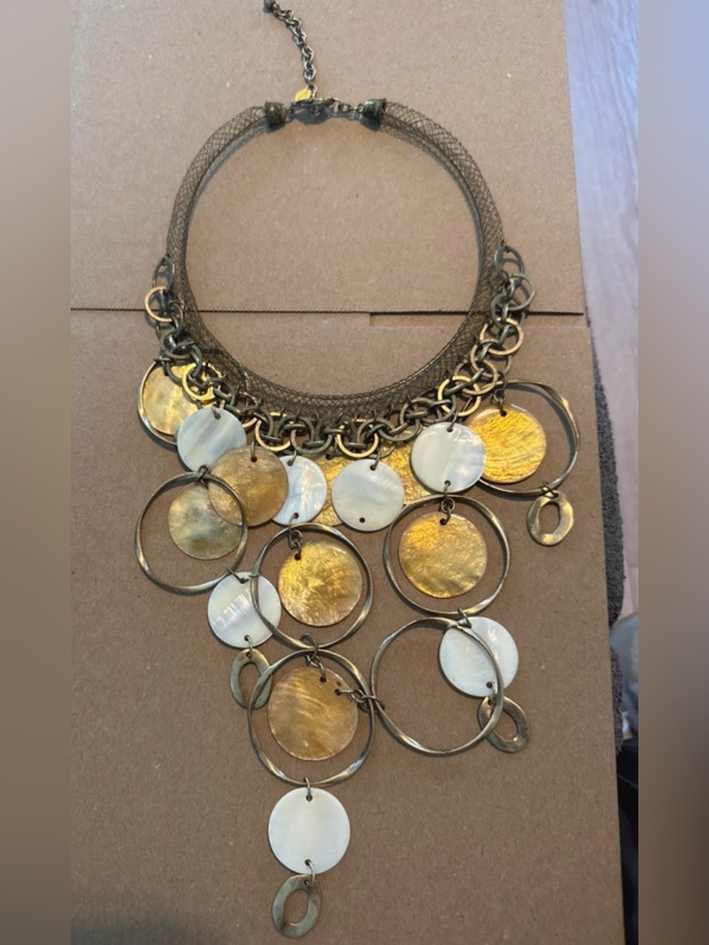 Chico's Gold and Silver White Disc Layered Statement Necklace